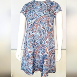 Cap Sleave Crew Neck Paisley Swing Dress M